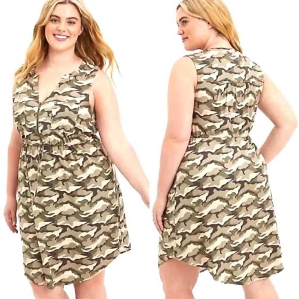 Torrid Camo Print Zip Front Sleeveless Shirt Dress Women's Large‎ Green Pockets